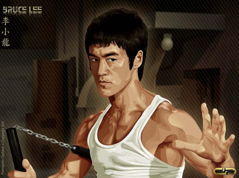Bruce Lee Holding Nunchucks — Brown