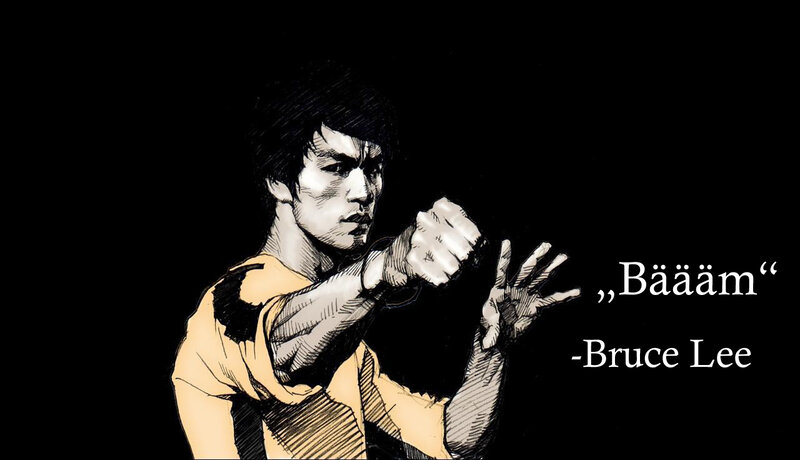 Bruce Lee in Martial Arts Pose — Black, Dramatic, Illustration, Yellow Shirt, Fist