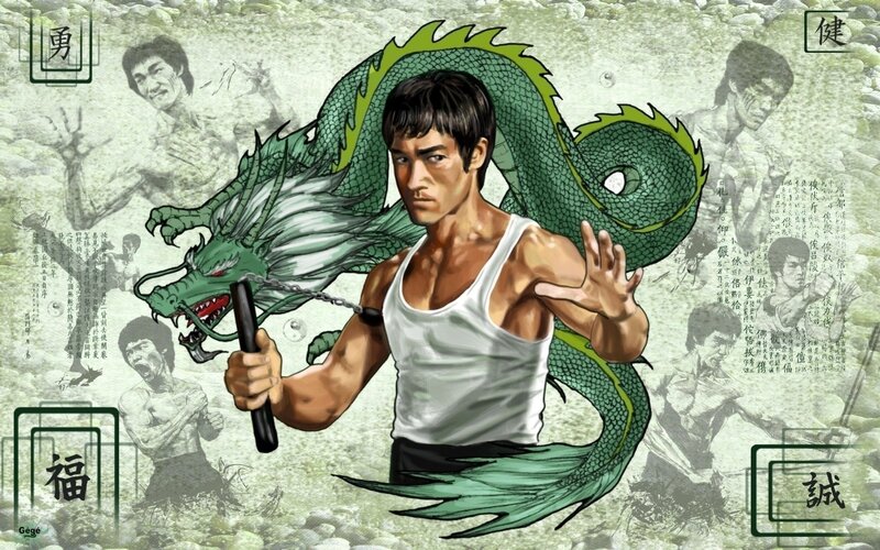 Bruce Lee with Dragon — Green, Dramatic