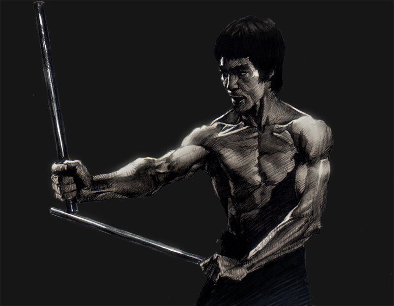 Bruce Lee with nunchucks