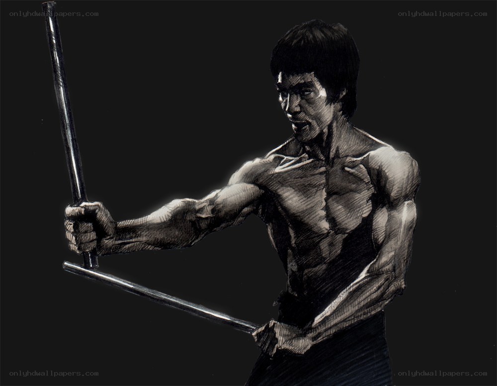 Bruce Lee with nunchucks