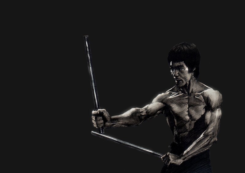 Bruce Lee with nunchucks