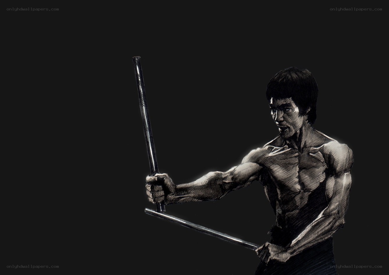 Bruce Lee with nunchucks