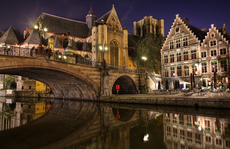 Bruges at night with bridge and canal