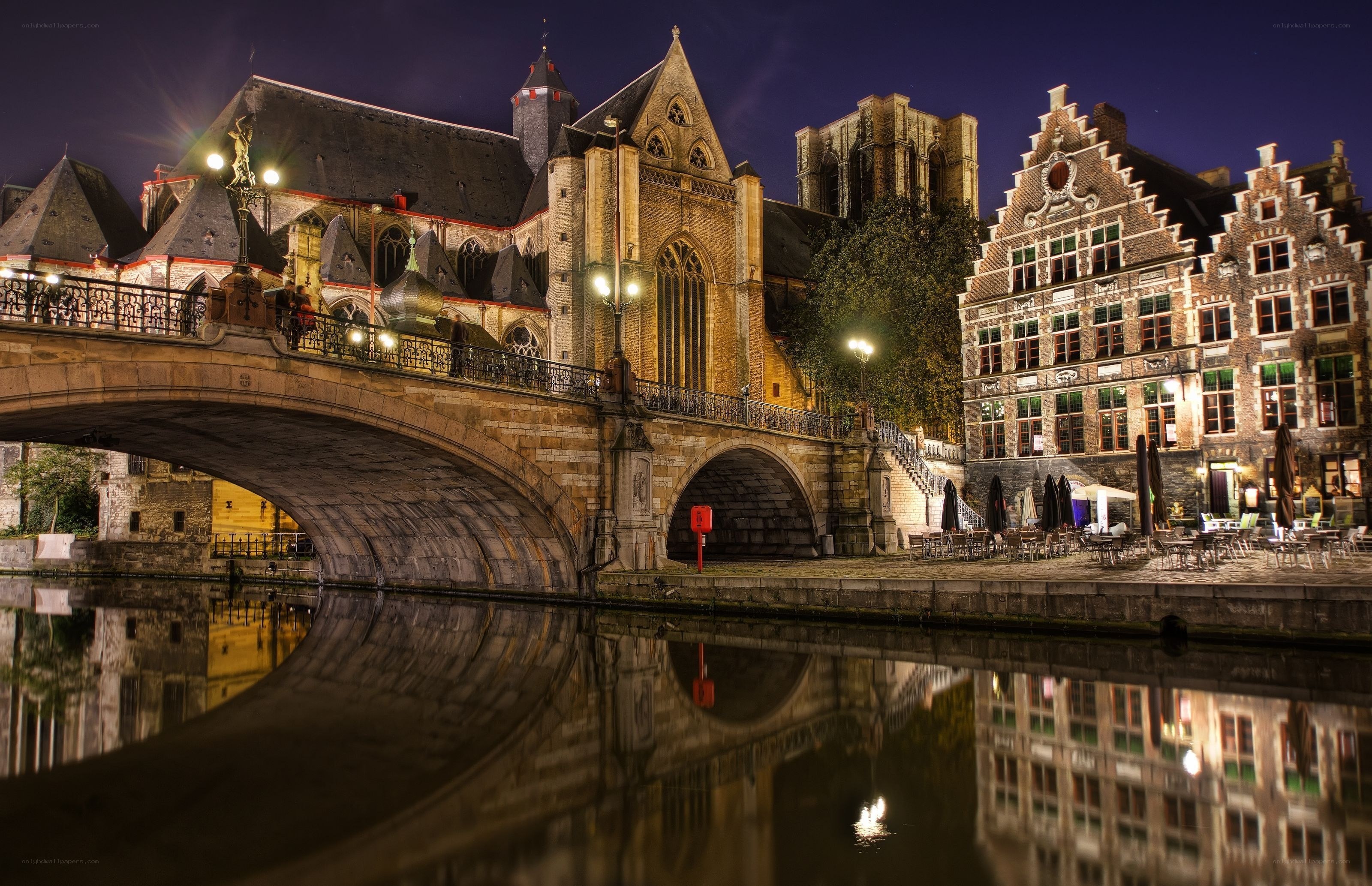 Bruges at night with bridge and canal