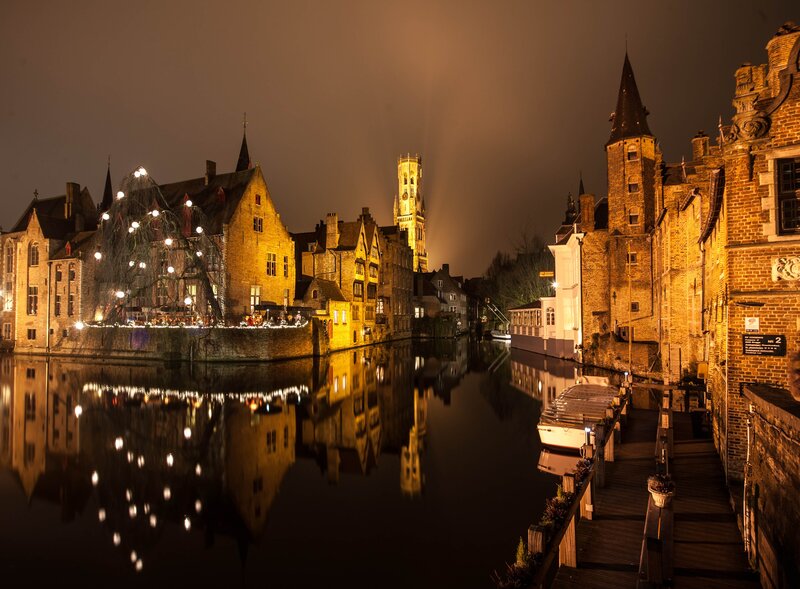 Bruges Canal at Night — Brown, Serene, Photograph, Buildings