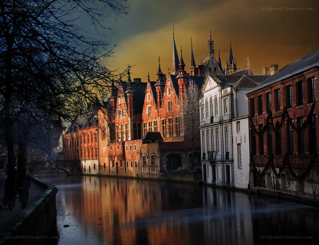 Bruges canal at sunset