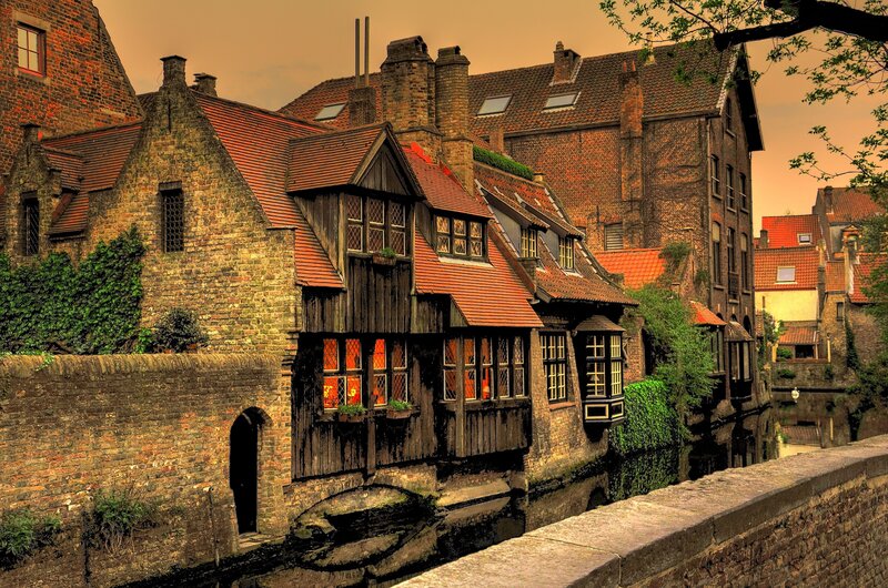 Bruges canal houses at sunset