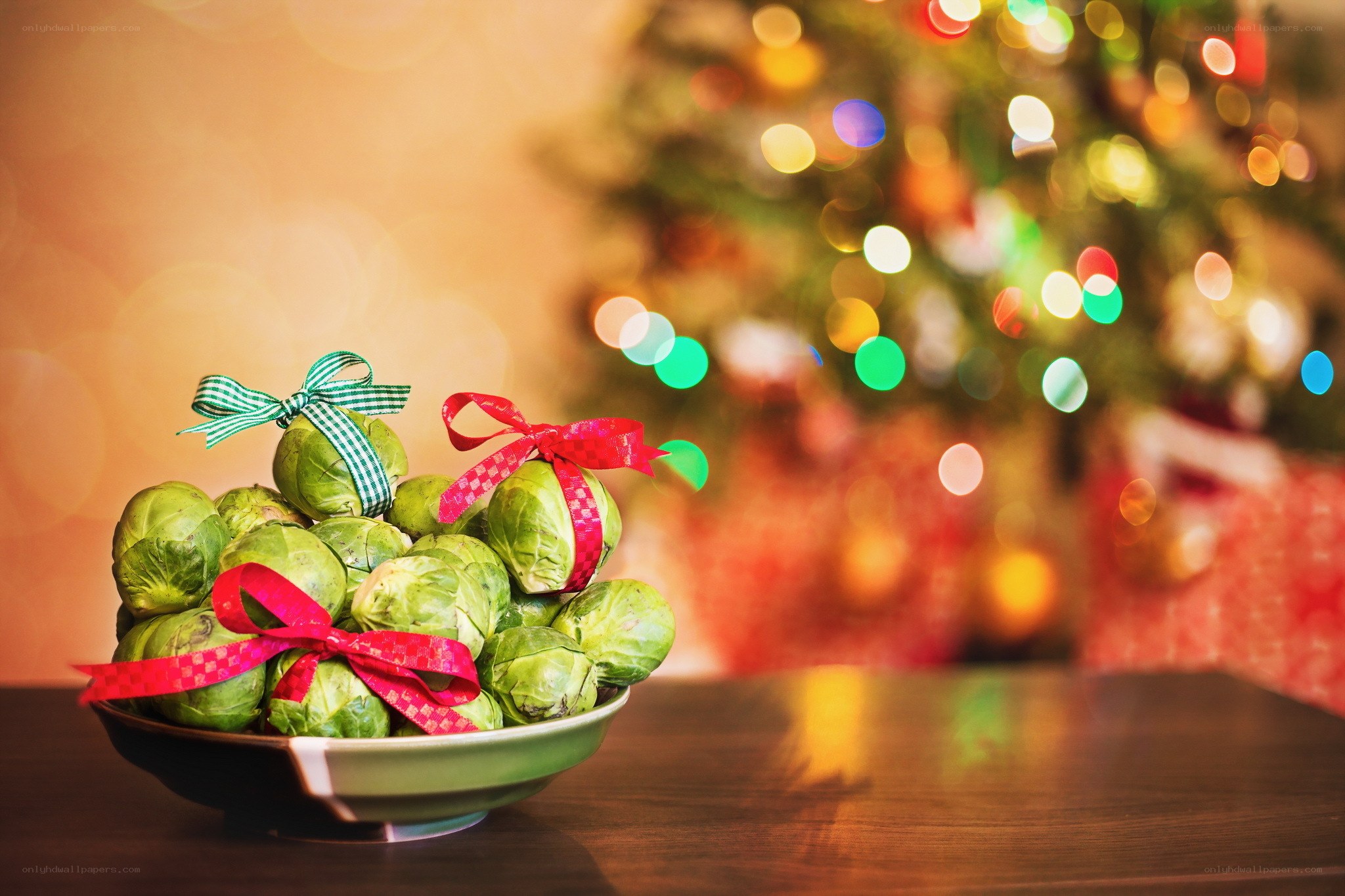 Brussels sprouts with holiday ribbons