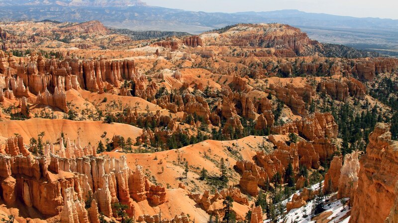 Bryce Canyon Hoodoos — Orange, Dramatic, Afternoon, Photograph, Trees, Mountains, Snow