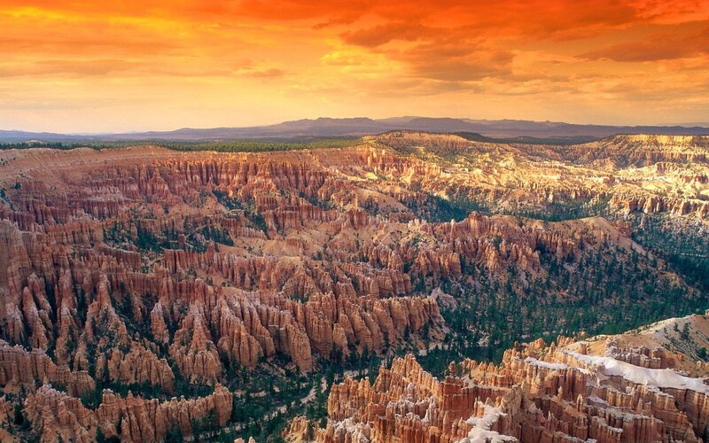 Bryce Canyon Hoodoos — Orange, Dramatic, Sunset, Photograph, Trees, Sky, Red