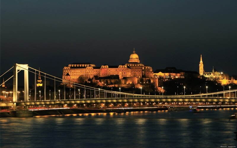 Buda Castle at Night — Black, Serene, Photograph, Bridge, River