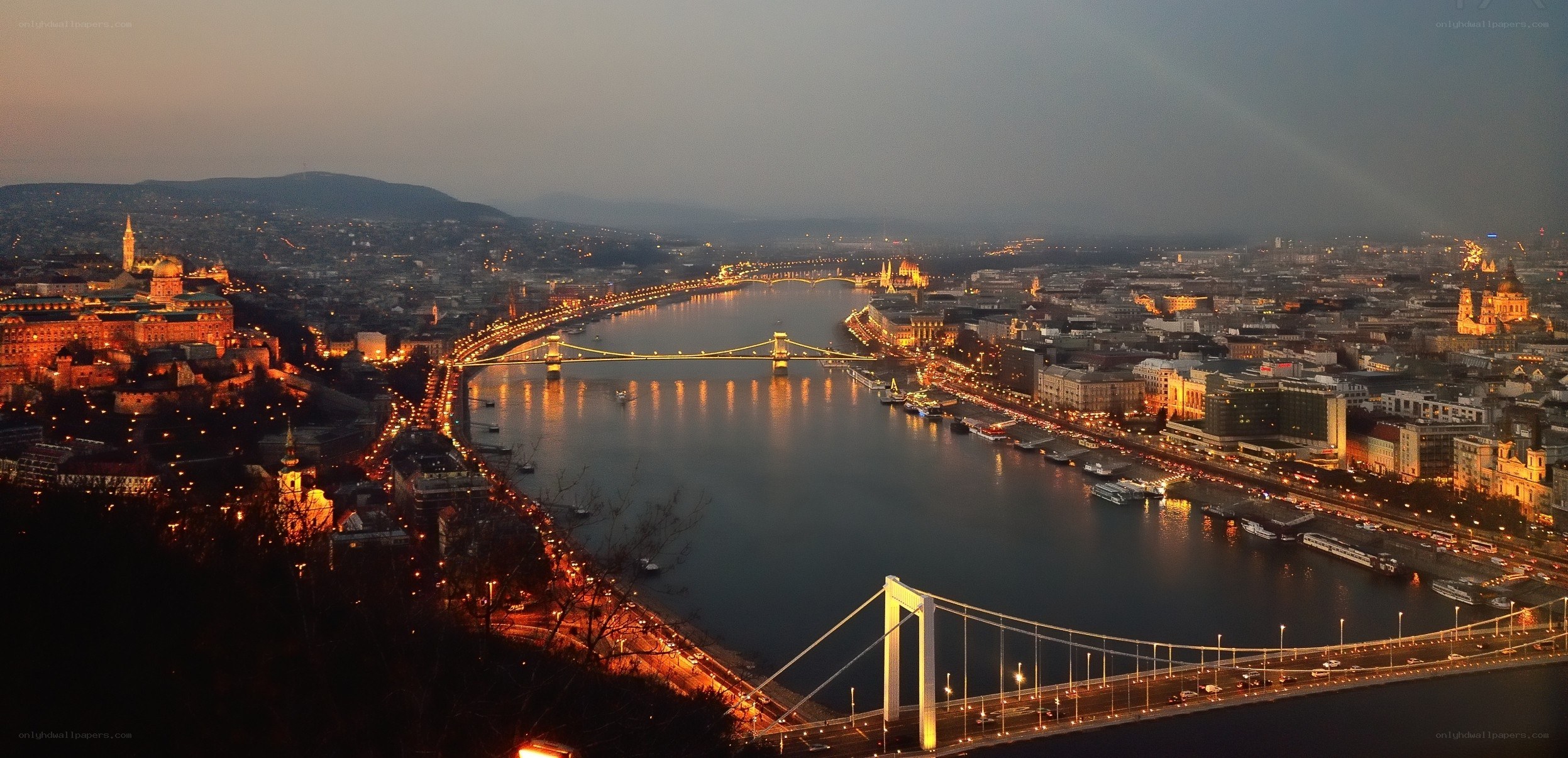 Budapest at dusk with bridges
