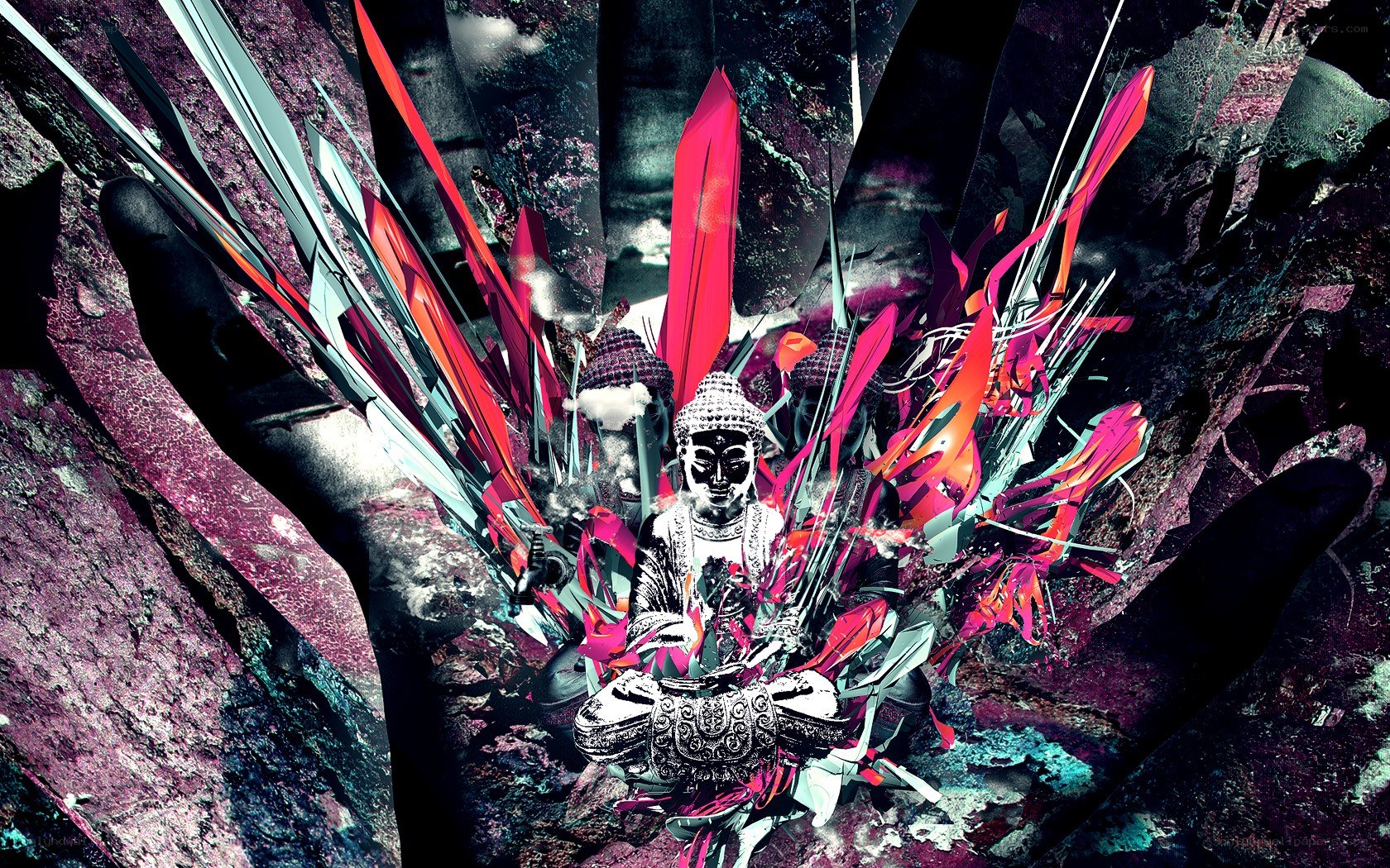 Buddha amidst abstract crystals
