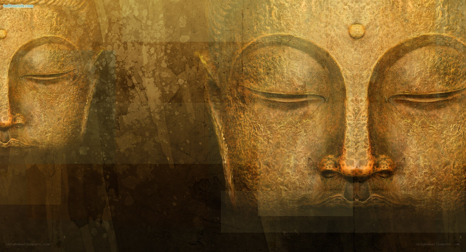 Buddha faces in golden light