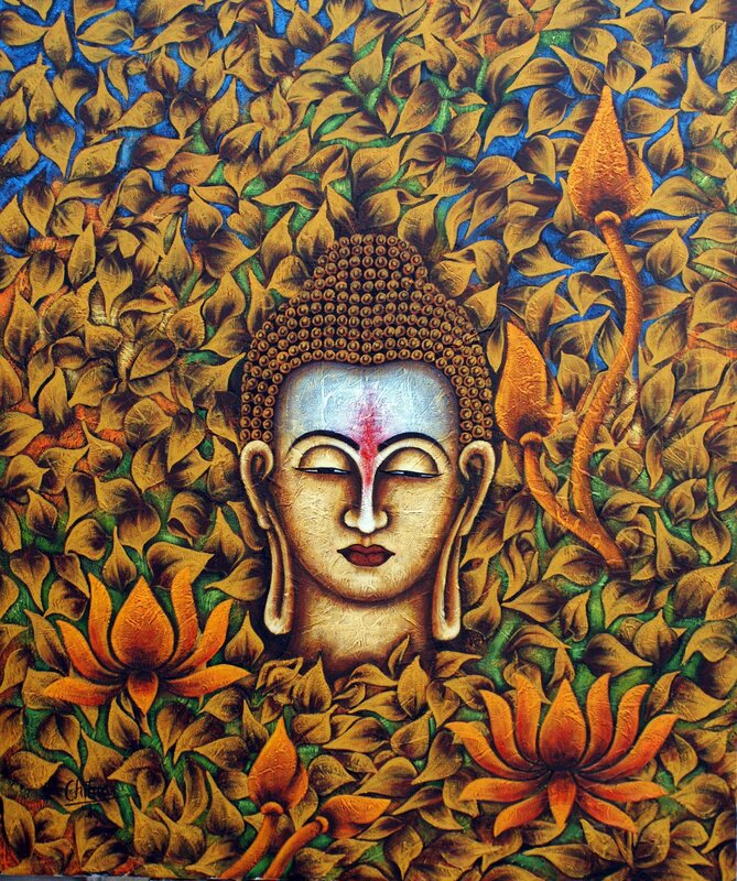 Buddha head with lotus flowers
