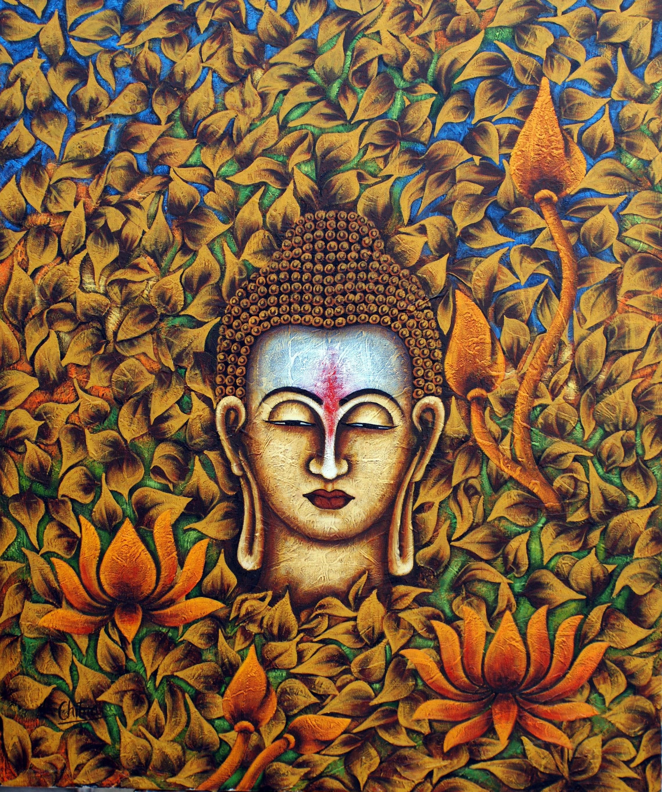Buddha head with lotus flowers