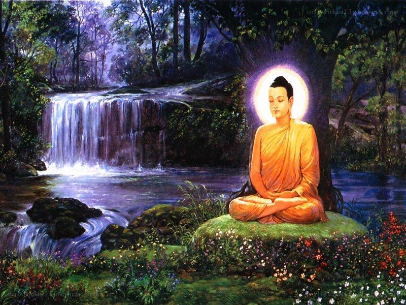 Buddha meditating by a waterfall