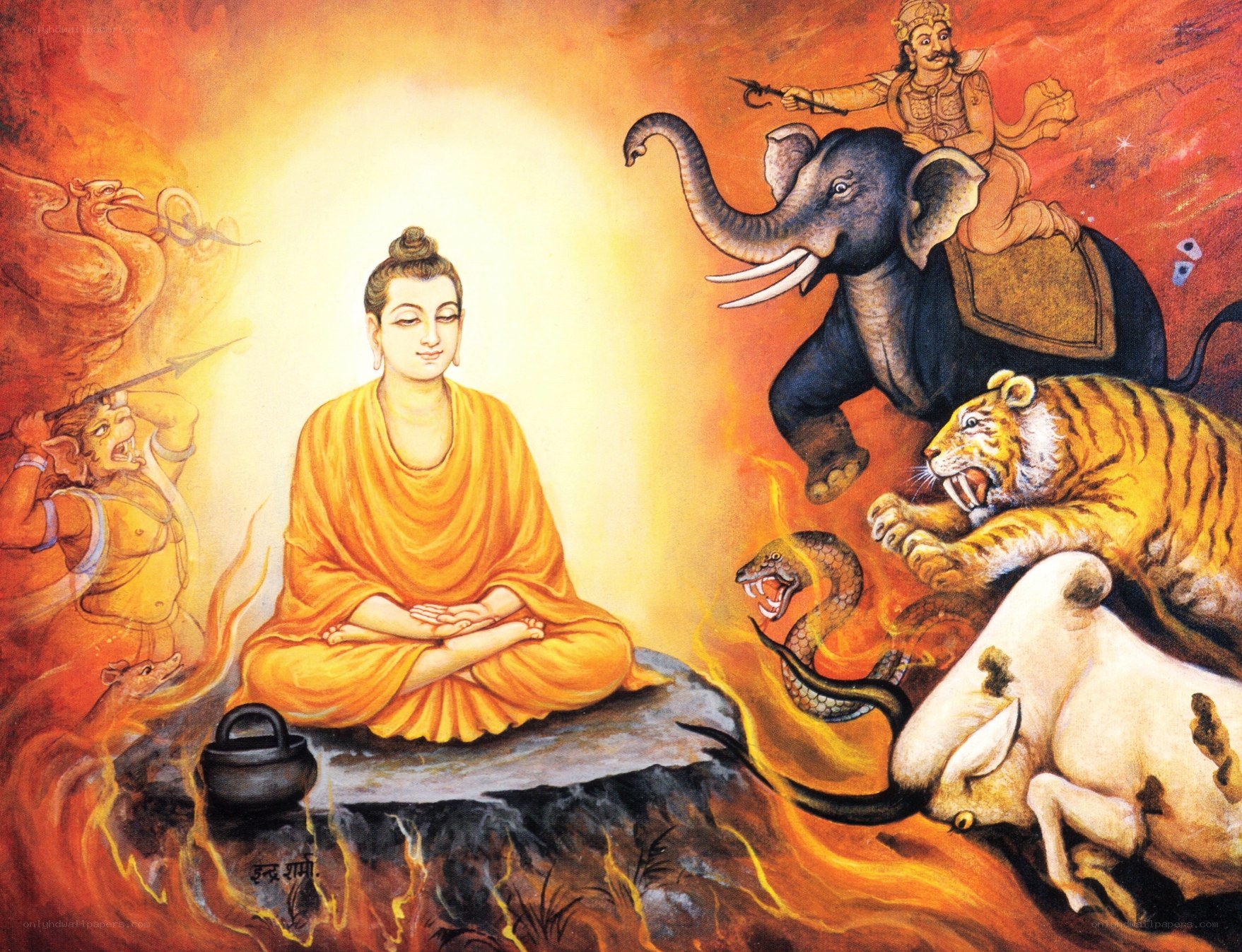 Buddha meditating in fire