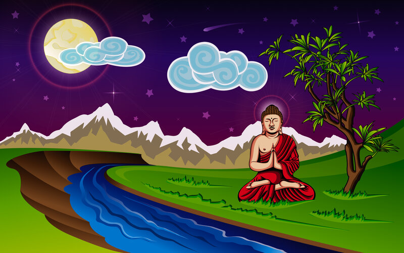 Buddha meditating under moonlight