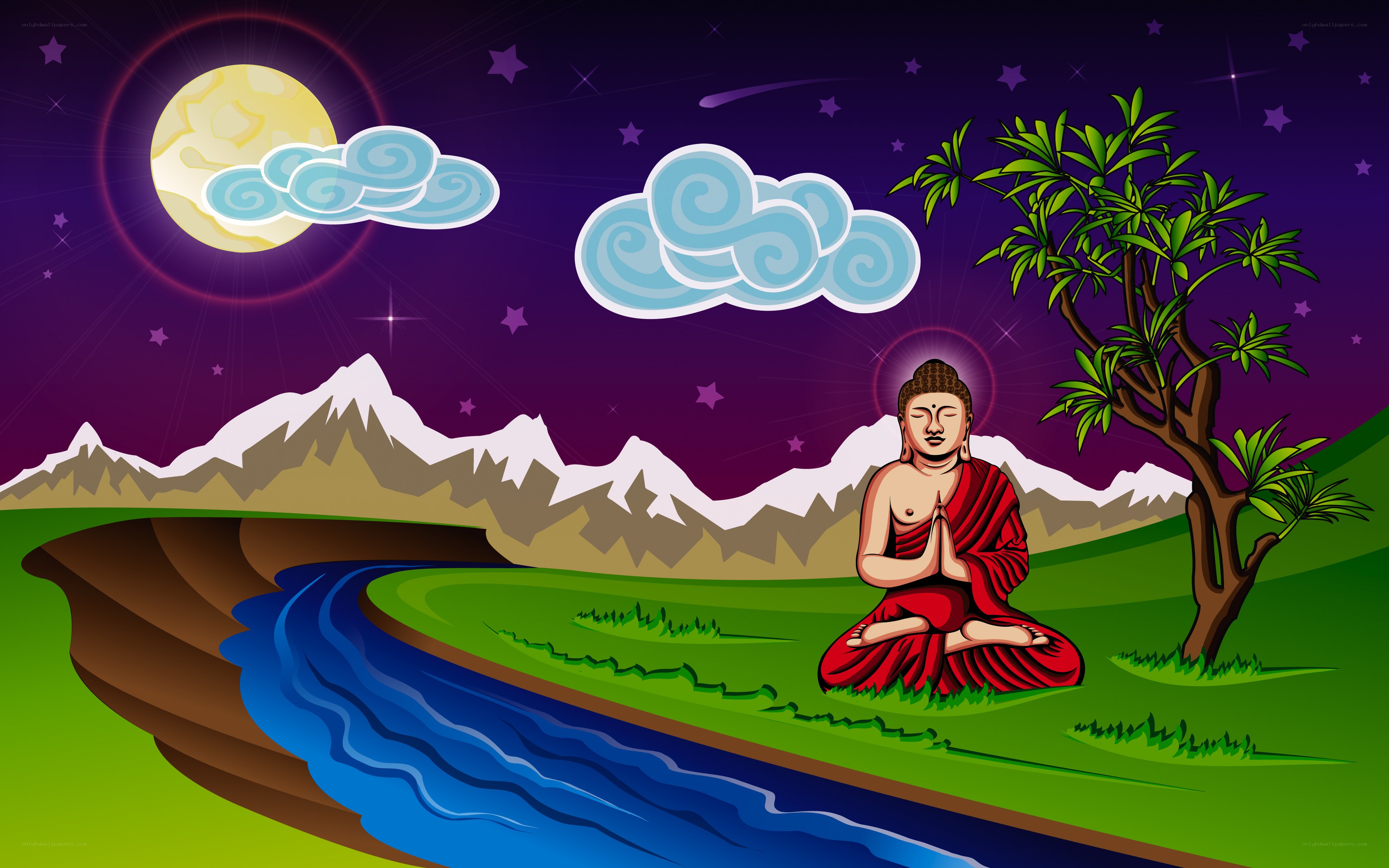 Buddha meditating under moonlight