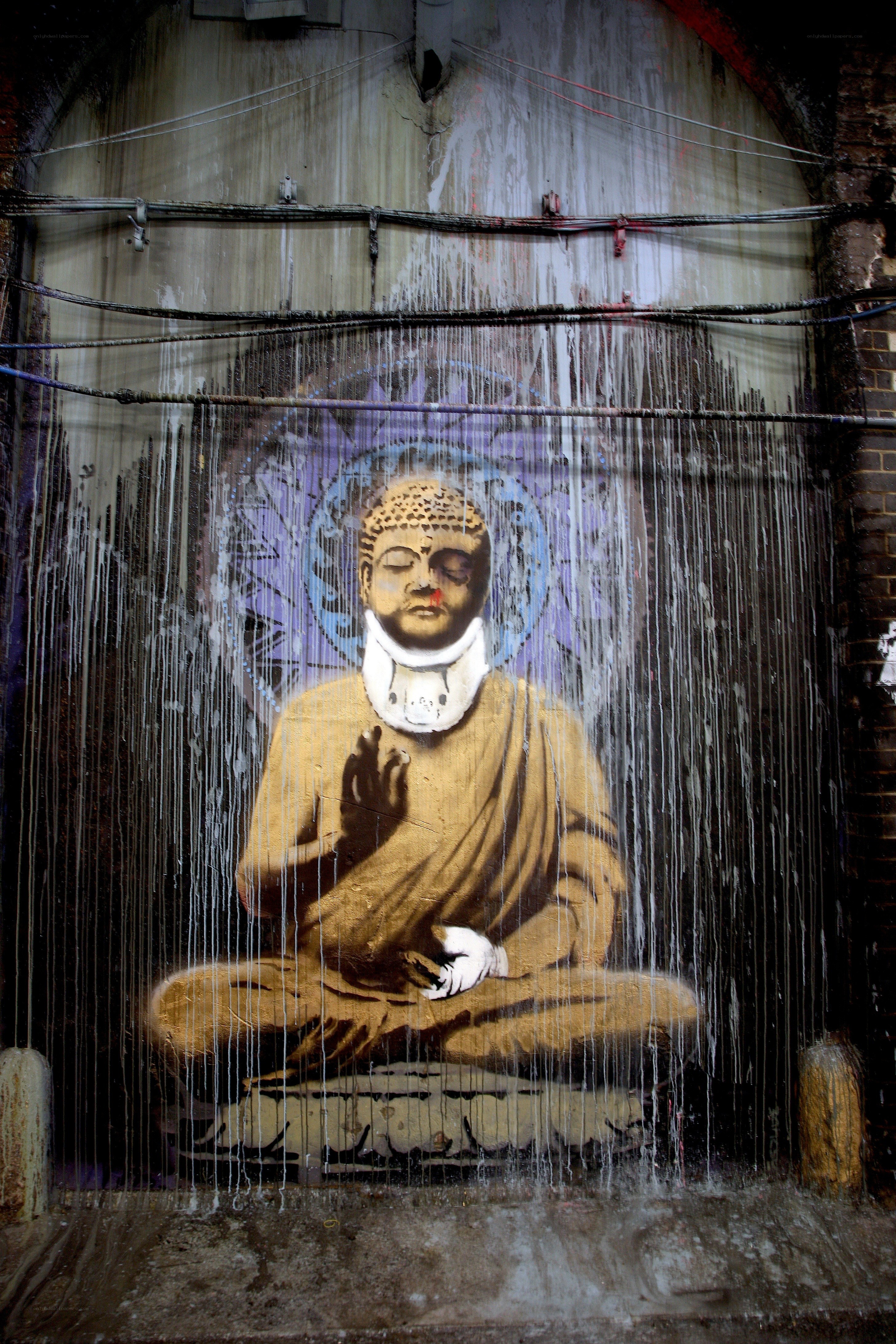 Buddha mural with neck brace