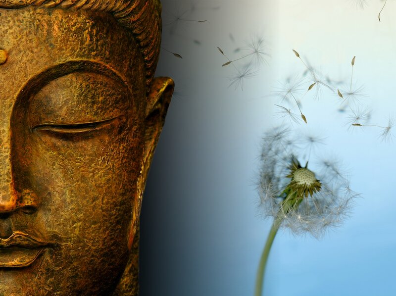 Buddha Statue and Dandelion