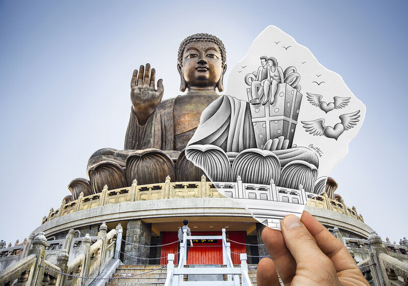 Buddha Statue and Drawing