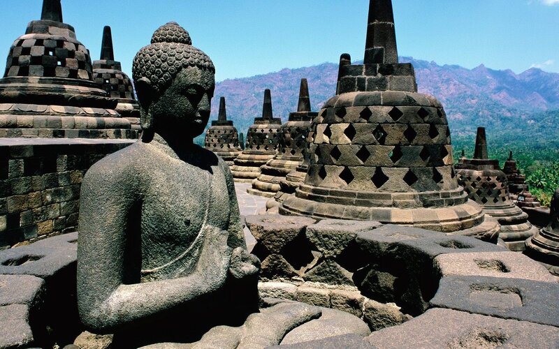 Buddha Statue at Borobudur — Gray, Serene, Afternoon