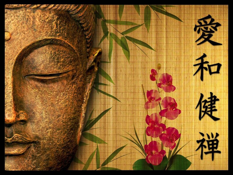 Buddha Statue Face — Brown, Serene, Photograph, Bamboo Leaves