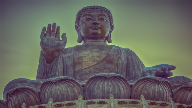 Buddha Statue — Green, Serene, Sunset