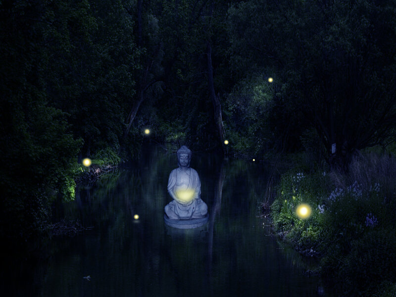 Buddha statue in a forest stream