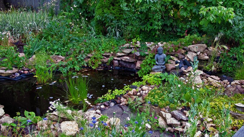 Buddha Statue in Garden — Green, Serene, Afternoon, Digital Art