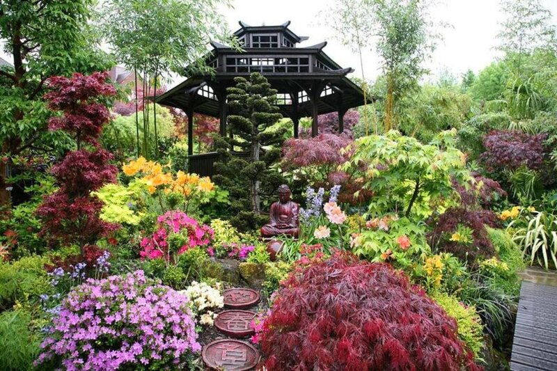 Buddha Statue in Garden — Green, Serene, Spring, Photograph