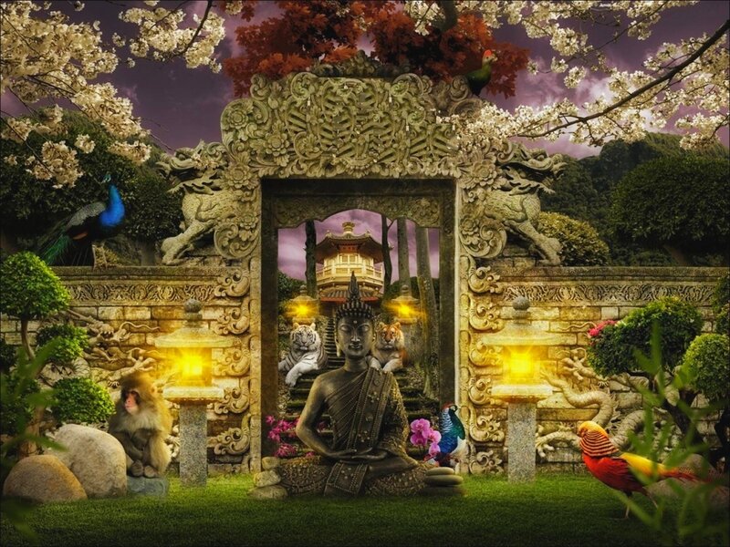 Buddha Statue in Garden — Green, Serene