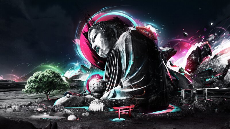 Buddha Statue in Landscape — Black