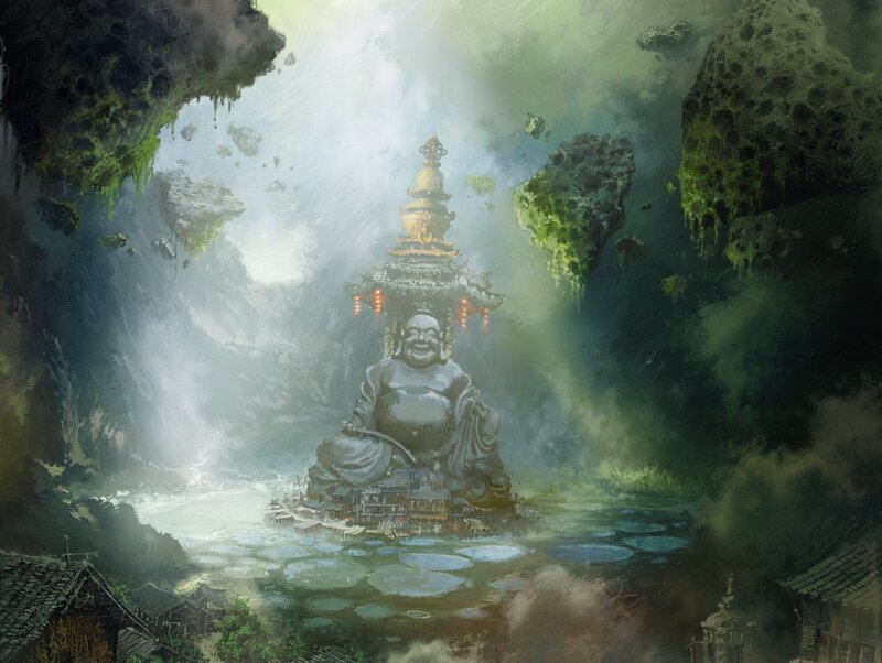 Buddha statue in misty valley