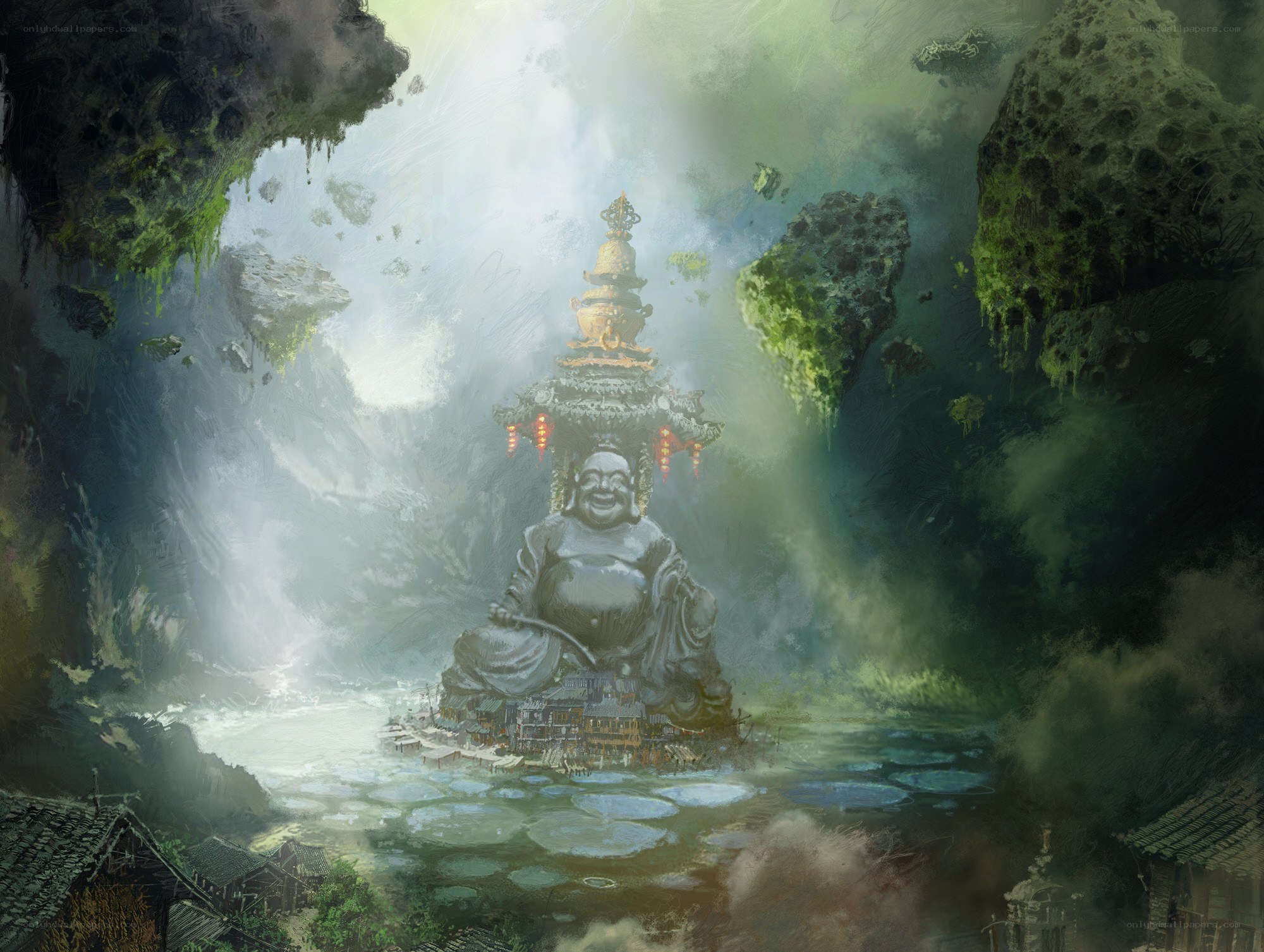 Buddha statue in misty valley