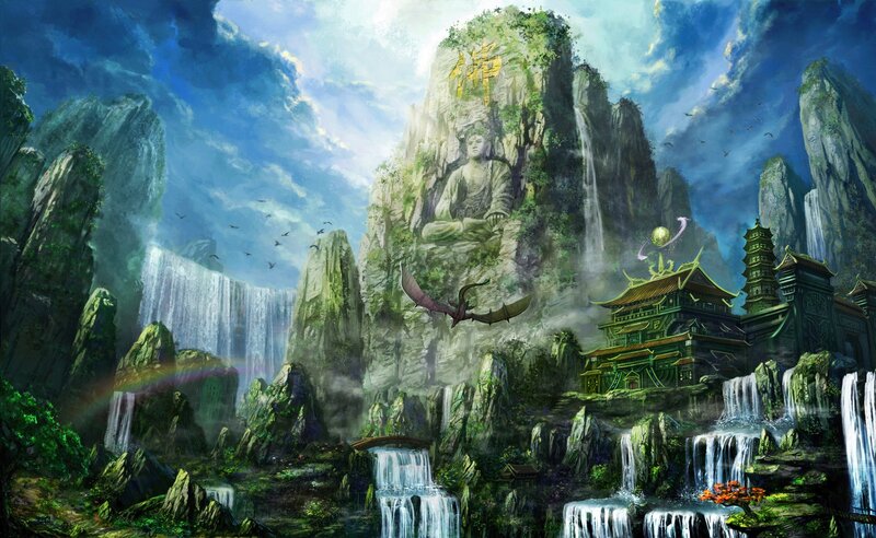 Buddha statue in mountain landscape