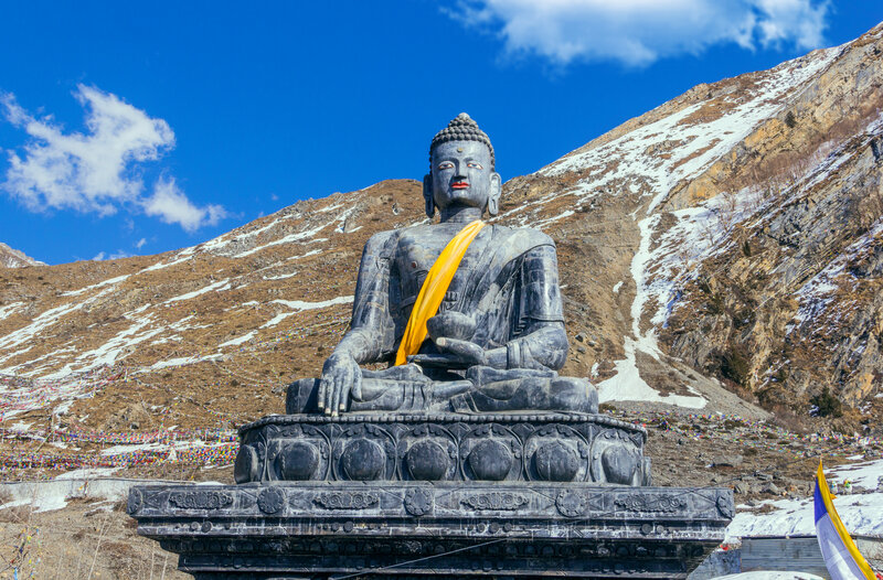 Buddha Statue in Mountains — Blue, Serene