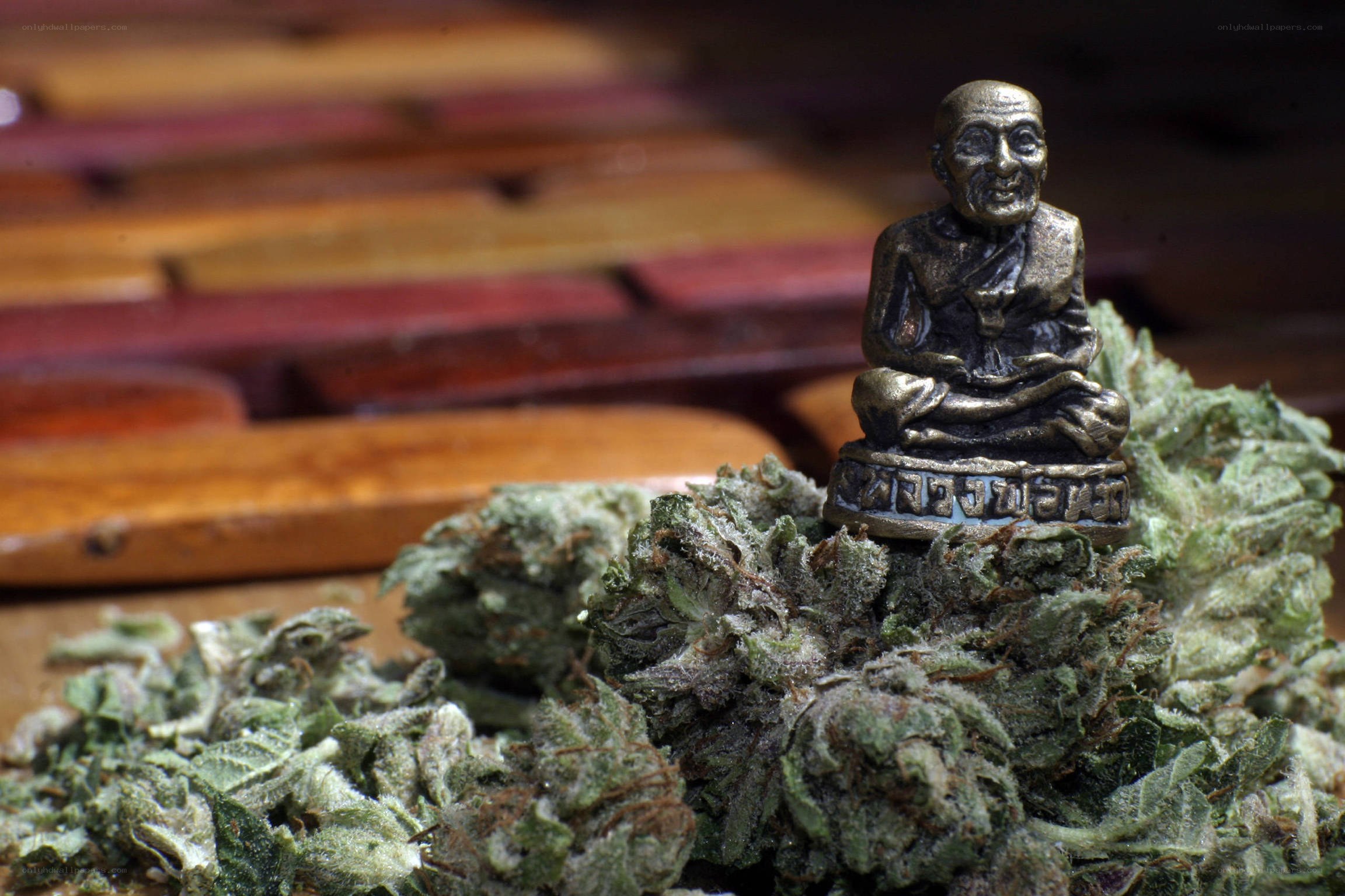 Buddha statue on cannabis buds