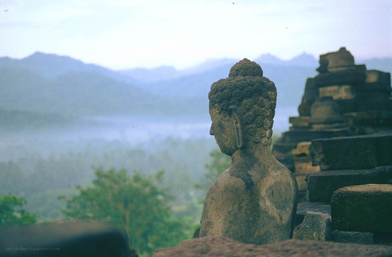 Buddha statue overlooking mountains