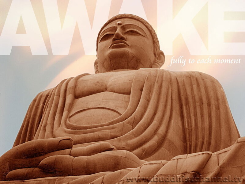 Buddha statue with 'Awake' text