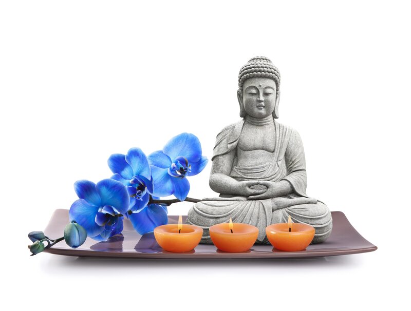 Buddha Statue with Flowers — Blue