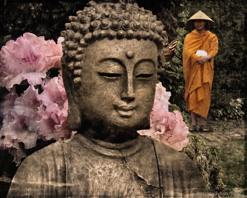 Buddha Statue with Flowers — Brown