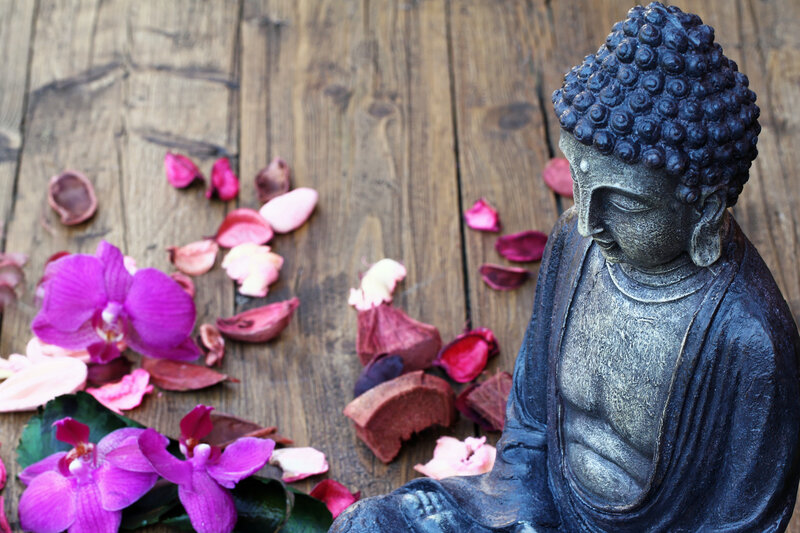 Buddha Statue with Flowers — Purple