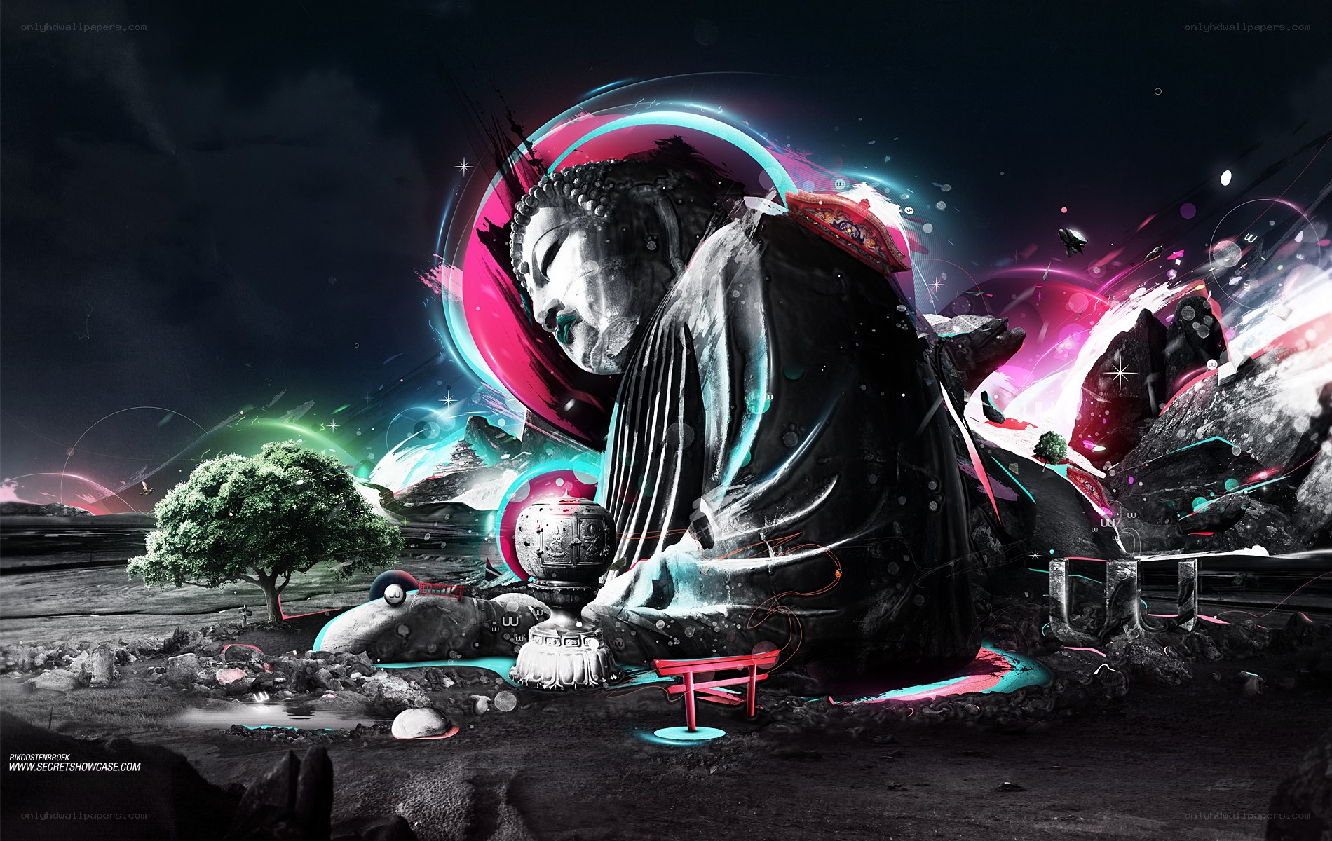 Buddha statue with neon effects