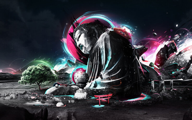 Buddha statue with neon lights