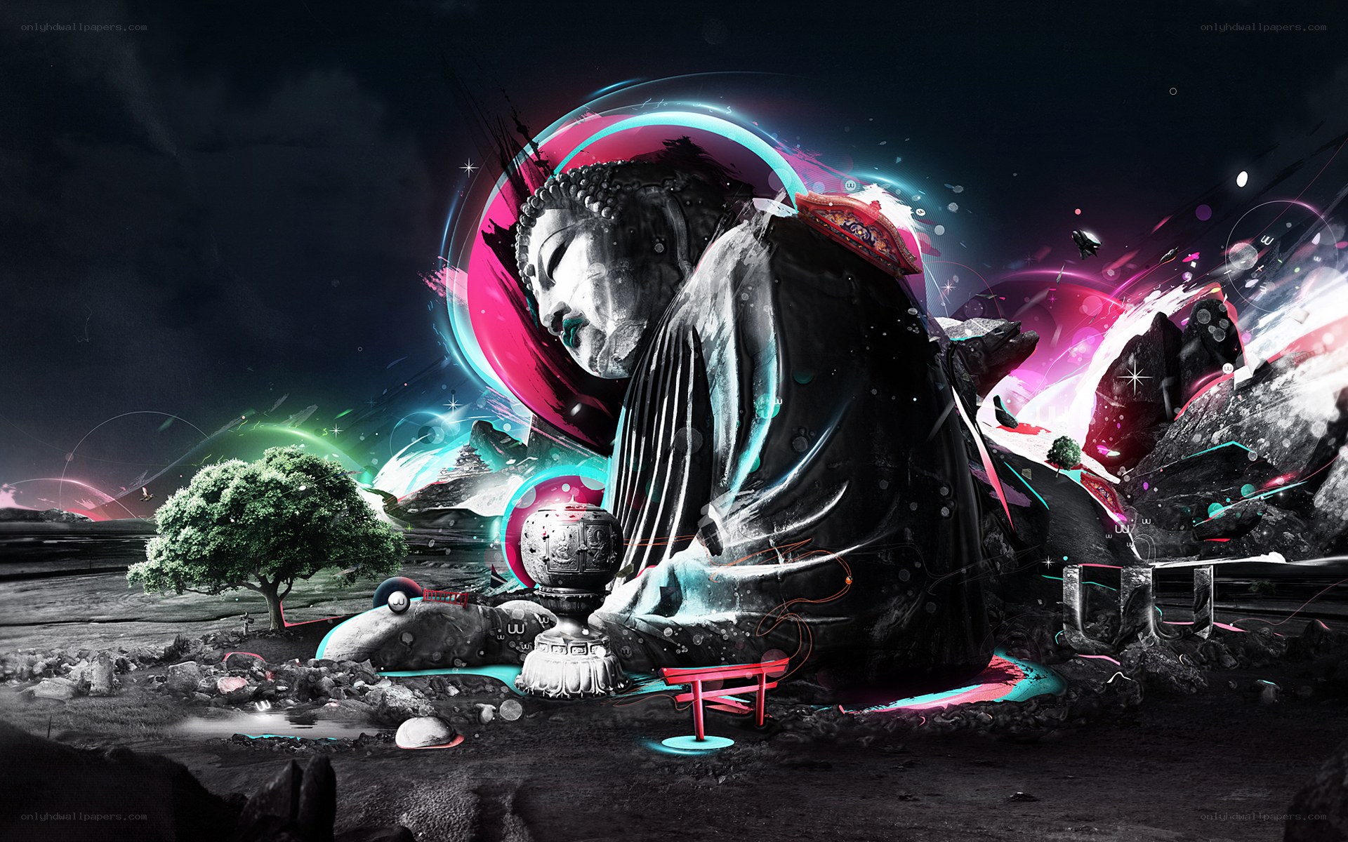 Buddha statue with neon lights