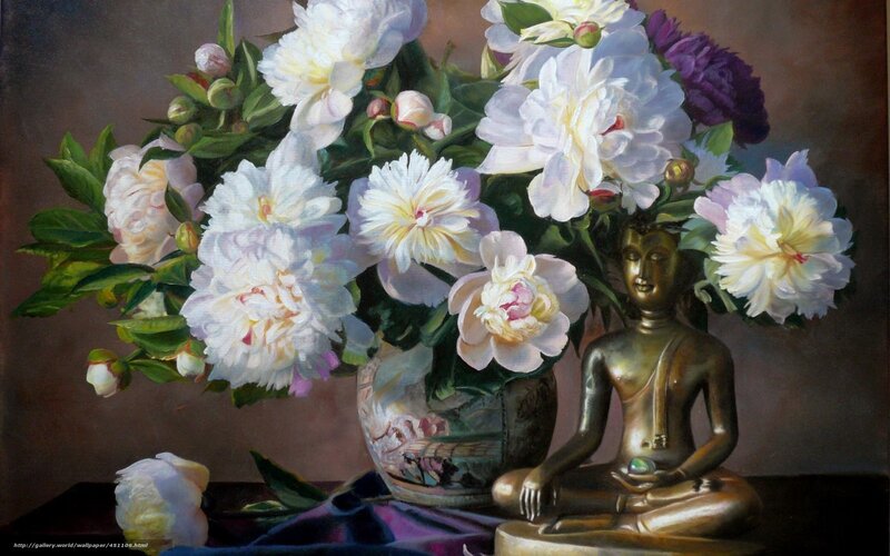 Buddha statue with peonies